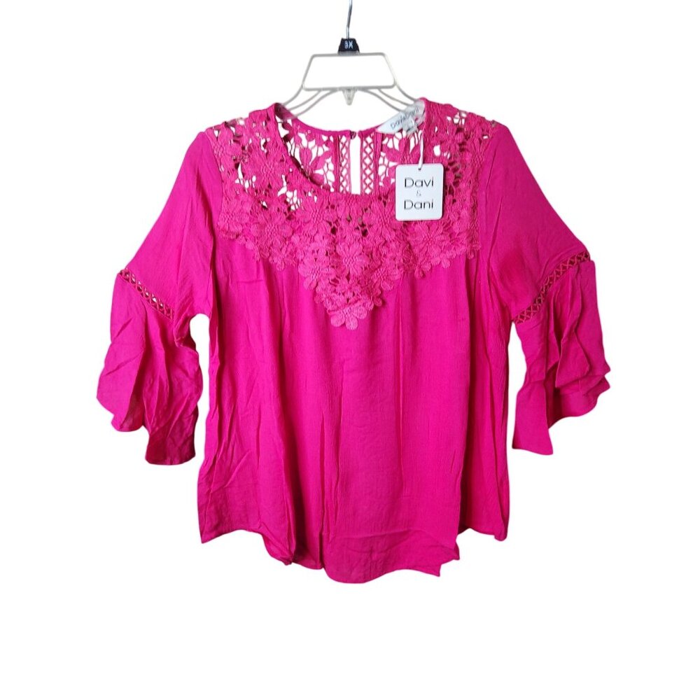 New Davi & Dani Womens 3X Fuchsia Crochet Lace Tunic Top Blouse